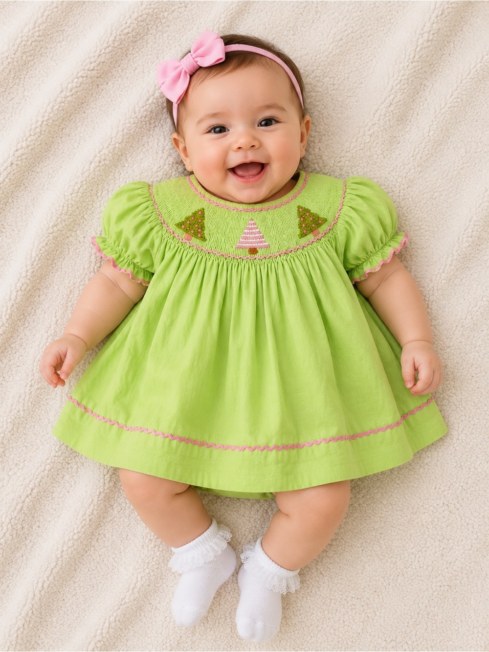 Girls' Lime Green Smocked Dress with Pink Trim - Kids Casual